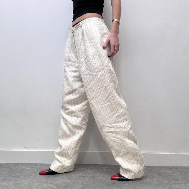 Oversized cream wide balloon leg pinstripe trousers
