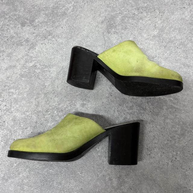 Green leather heel mules