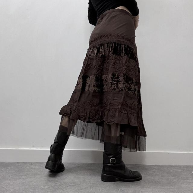 Brown velvet lace midi skirt