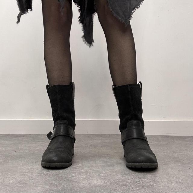 Black leather suede biker boots