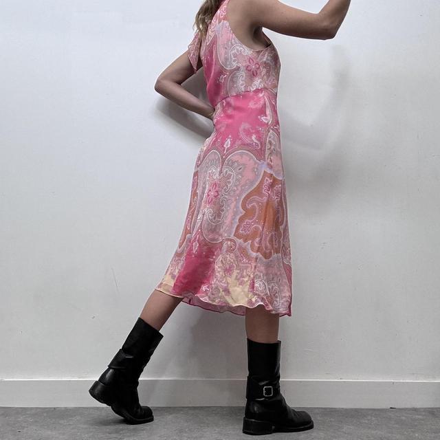 Pink sheer floral paisley bow neck dress