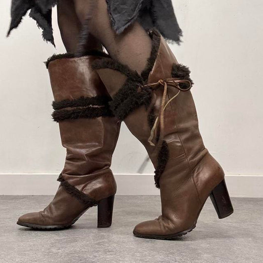 Brown leather sheepskin boots