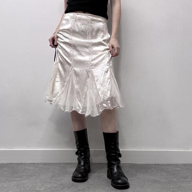 White flared flutter beaded midi skirt