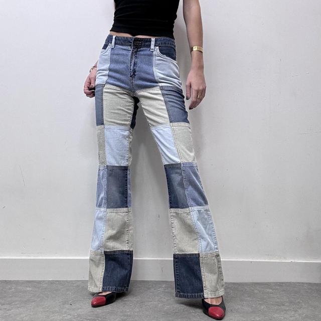 Denim corduroy patched flared jeans