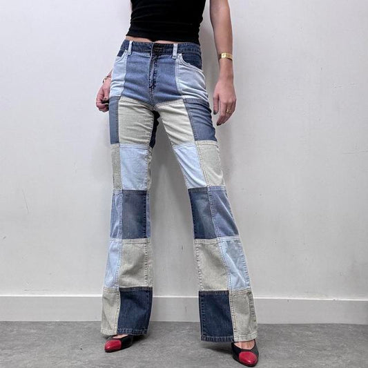 Denim corduroy patched flared jeans