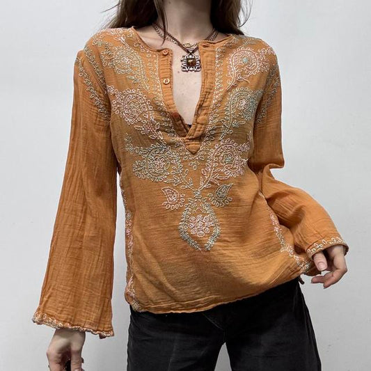 Orange cotton embroidered flared shirt