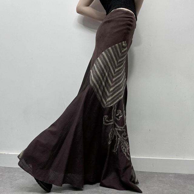 Brown pinstripe patchwork asymmetric skirt