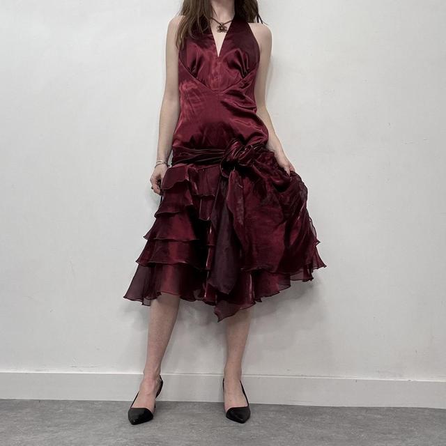 Silky ruffle burgundy satin puffy dress
