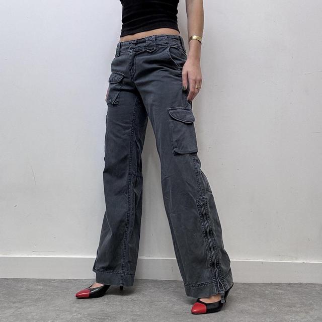 Navy distressed flared cargo trousers