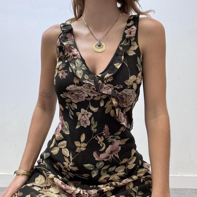 Black sheer ruffle floral printed midi dress