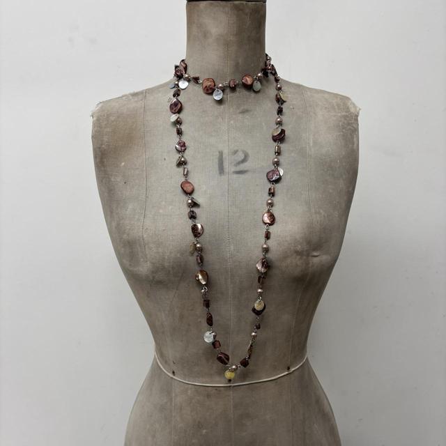 Brown layered chain pearl necklace