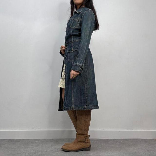 Long mid-wash denim trench coat mac