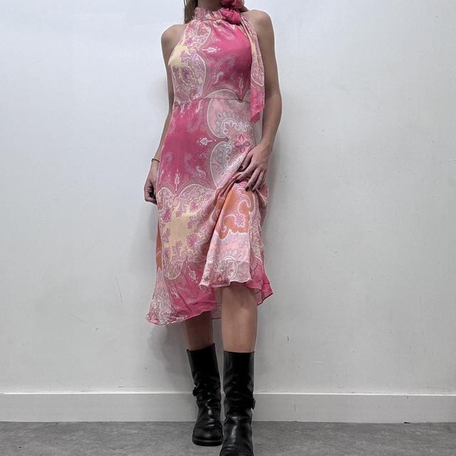 Pink sheer floral paisley bow neck dress