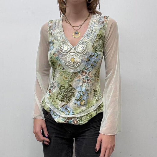 Flared fairy floral sheer mesh top