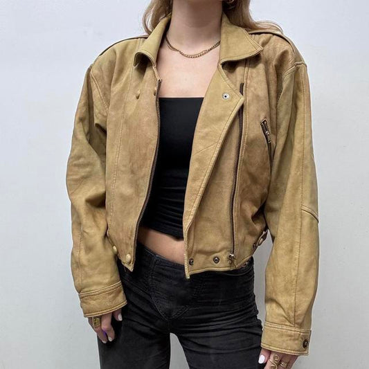 Cropped tan leather biker jacket