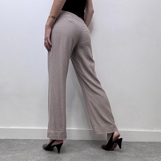 Beige flared wide leg linen trousers