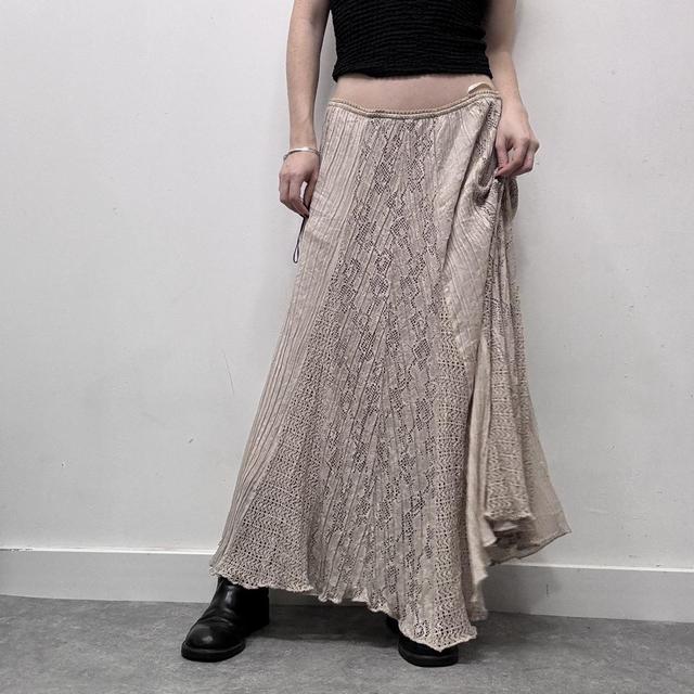 Beige lace flared pinstripe maxi skirt