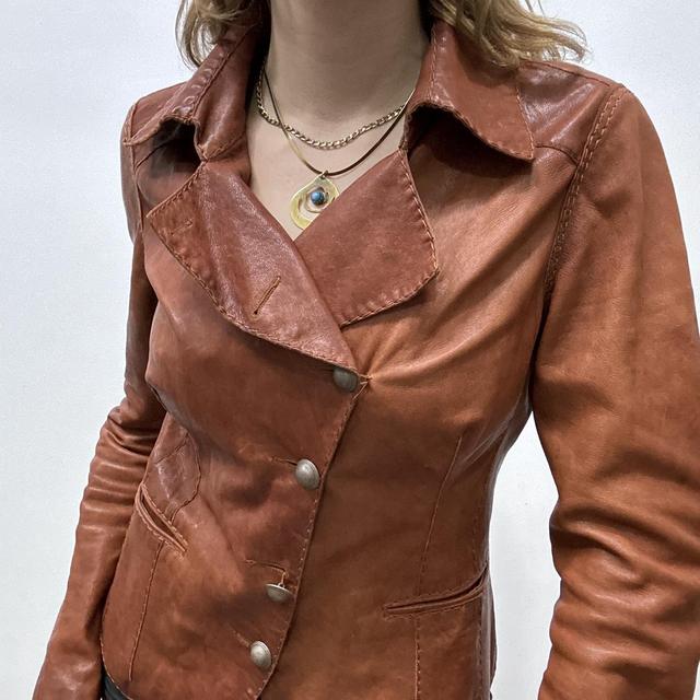 Brown leather asymmetric military  jacket