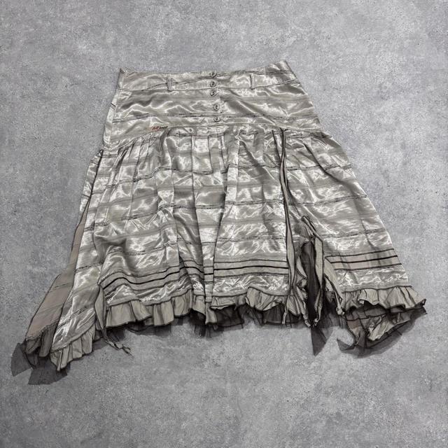 Pinstripe ruffle satin midi skirt