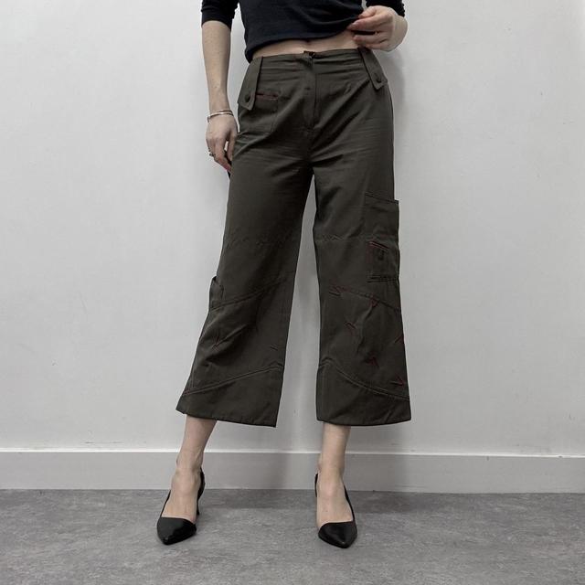 Khaki cropped cargo wide-leg trousers