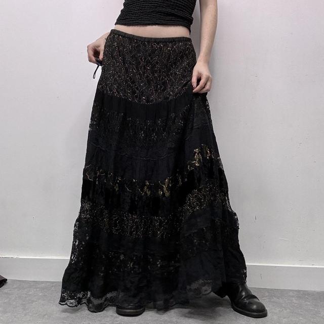 Black layered lace maxi skirt