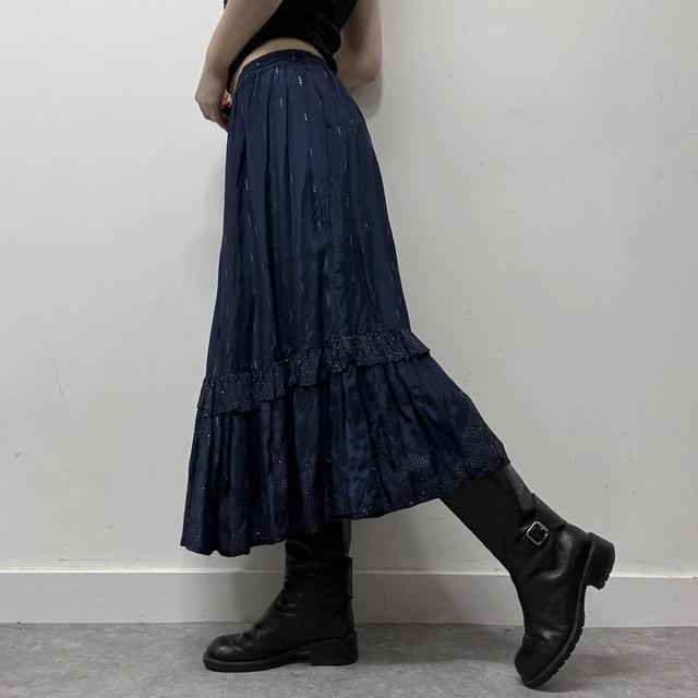 Navy pleated crinkle midi skirt