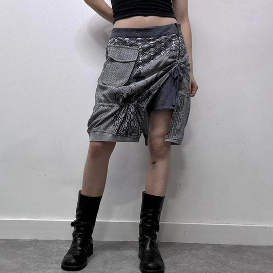 Grey graphic patterned asymmetric midi skirt