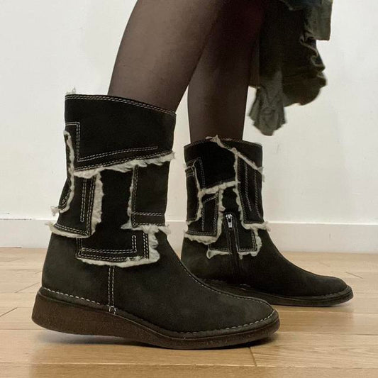Brown patchwork suede biker boots
