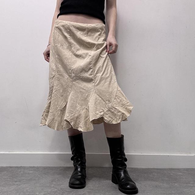 Tan flared embroidered midi skirt