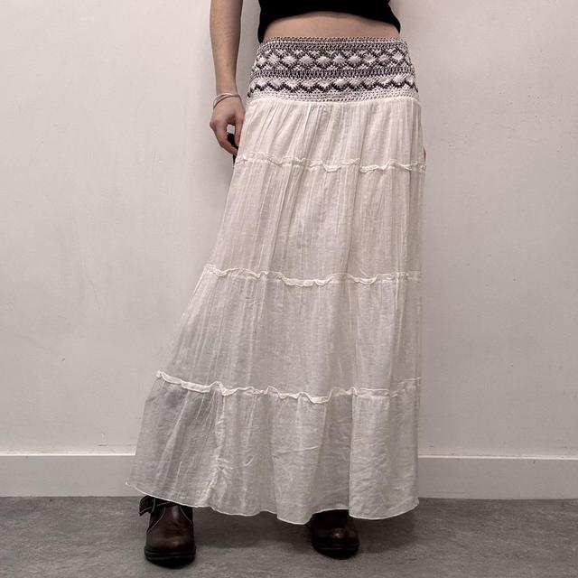White cotton tiered embroidered maxi skirt