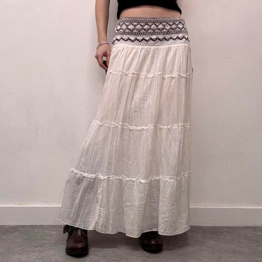 White cotton tiered embroidered maxi skirt