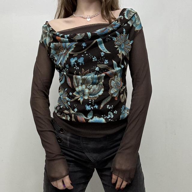 Brown floral cowl neck mesh top