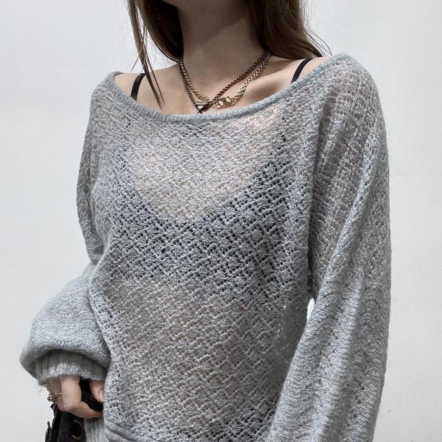 Grey wide neck lacey knit jumper