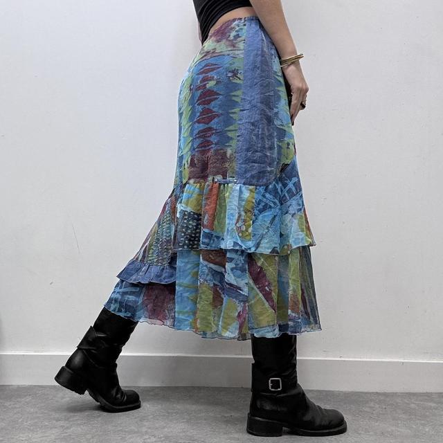 Blue printed graphic mesh y2k midi skirt