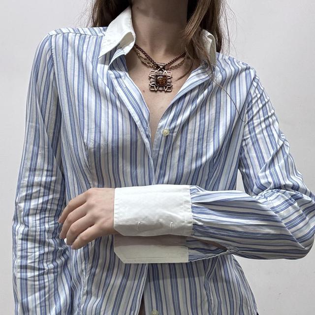 Blue pinstripe flared office shirt