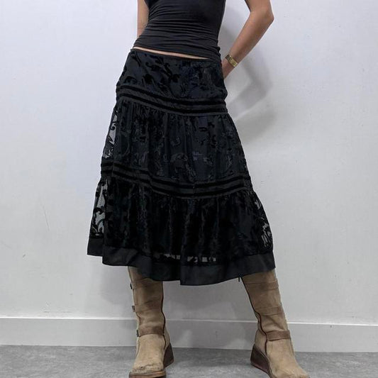 Black tiered velvet floral patterned midi skirt