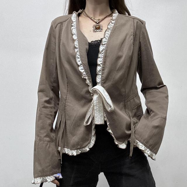 Brown pinstripe bow shirt