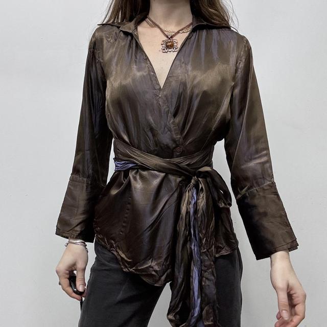 Two tone brown silky wrap shirt