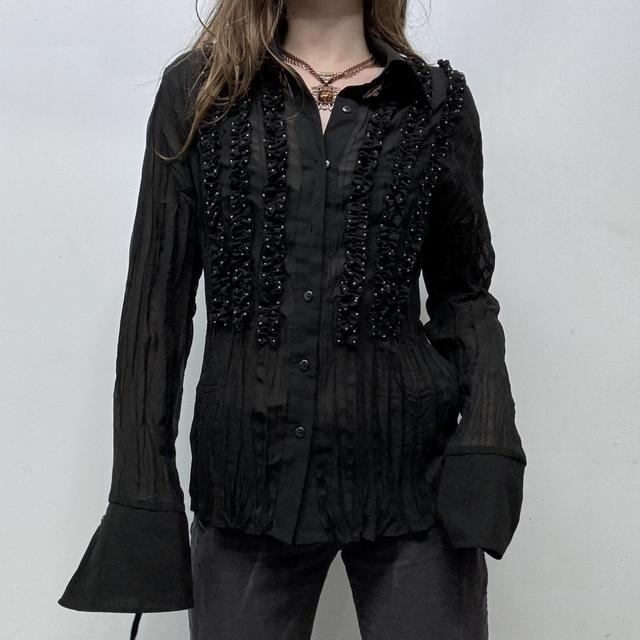 Sheer crinkle flared black gothic shirt