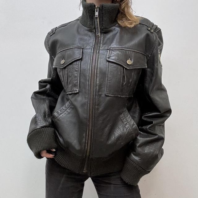 Oversized brown leather jacket