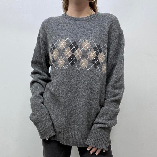 Wool knitted grey argyle jumper