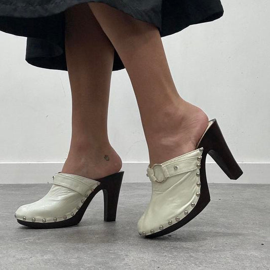 White studded buckle mule heels