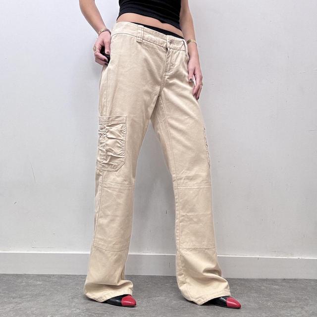 Beige flared ruched pocket jeans