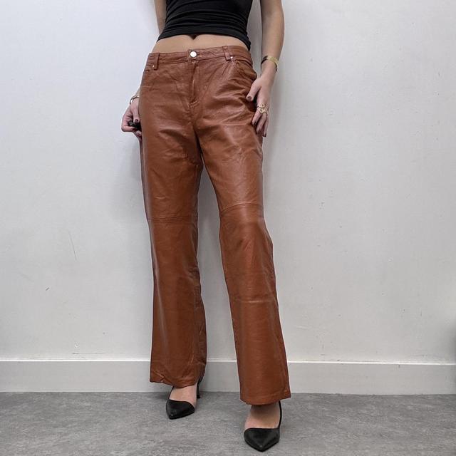 Tan orange leather flared straight leg trousers