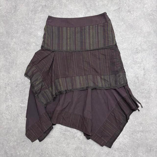 Asymmetric brown pinstripe layered maxi skirt