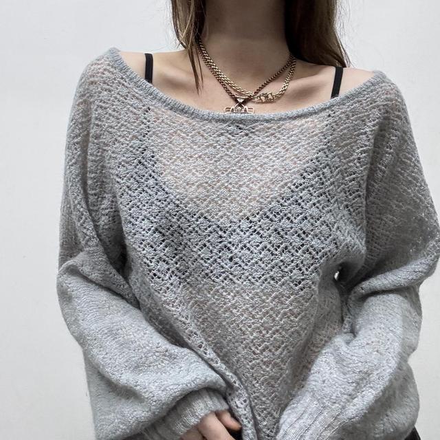 Grey wide neck lacey knit jumper