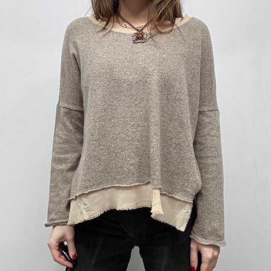 Slouchy brown knit sheer distressed hem