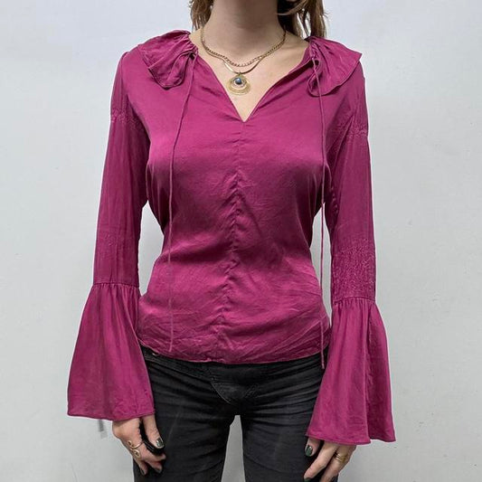 Pink flared ruffle silk coquette shirt