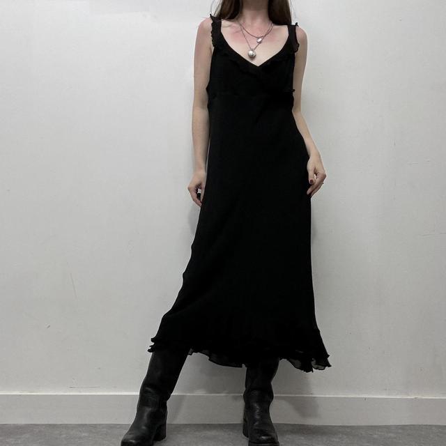 Black ruffle flared bias dress