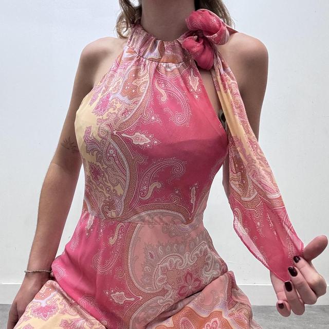 Pink sheer floral paisley bow neck dress